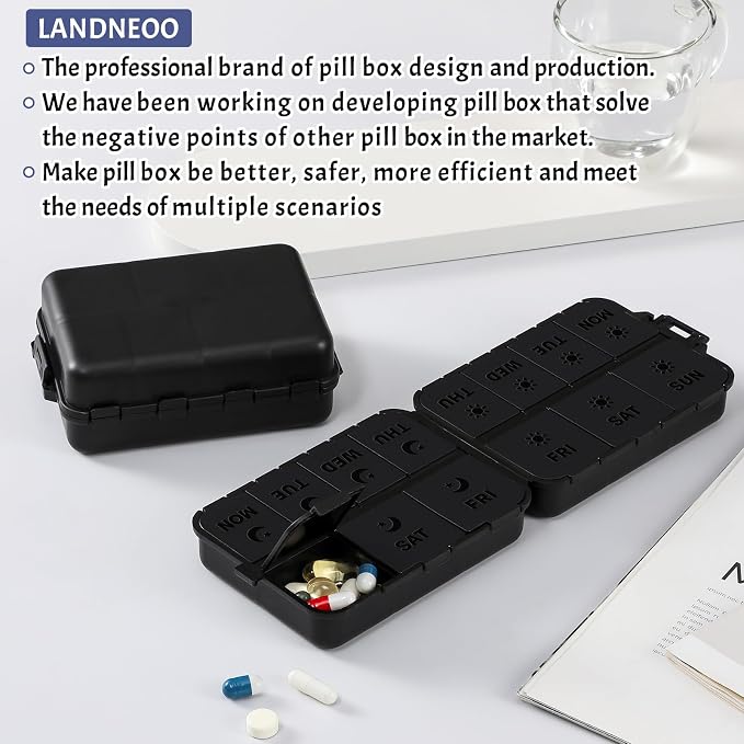 New Foldable & Double Protection Portable Weekly Pill Organizer 2 Times A Day with Etched Labels, AM PM 7 Day Week Medicine Box, Daily Travel Pill Case Dispenser for Vitamin, Supplement - All Black