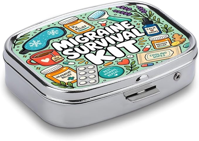 Colorful Migraine Survival Kit Illustration Two Compartment Pill Box Medicine Organizer, Portable Pill Case with Secure Snap Closure for Vitamins Medication Supplements Daily Use