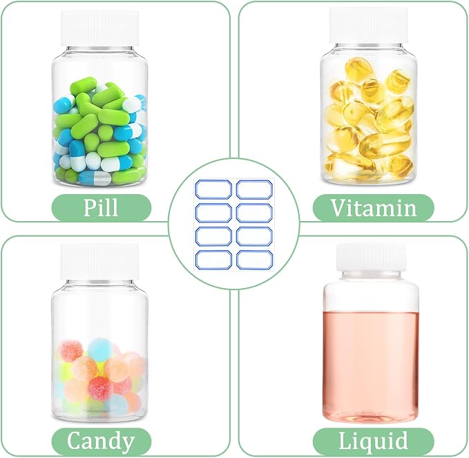 Sibba Clear Pill Bottle 6 Pcs Empty Medicine Organizers 30ML Jar Powder Box Storage Transparent Reagent Containers Plastic Dispenser Leak Proof Caps Receptacle for Toiletries Counter Labels