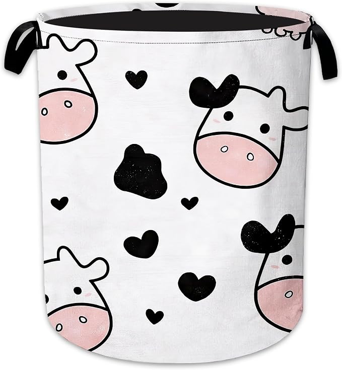 Cute Cow Laundry Hamper, Black Hearts Laundry Baskets, Waterproof Oxford Cloth for Room/Bathroom/Bedroom/Dormitories 16x20.8 Inch