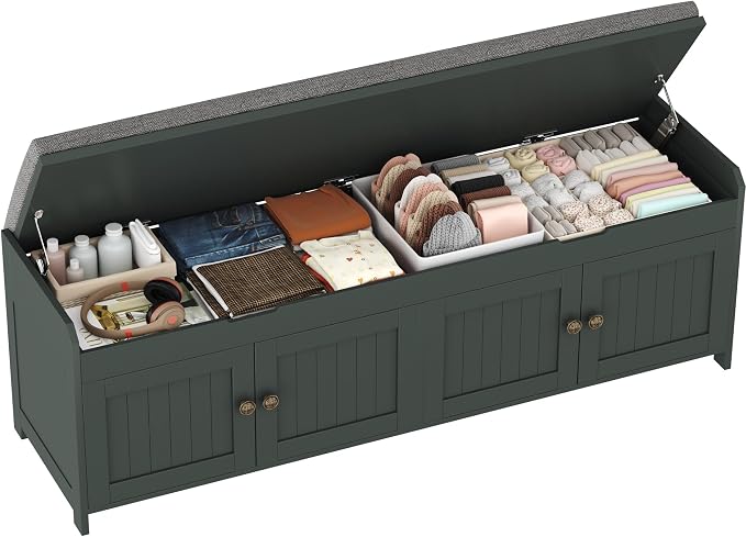 HOMEFORT 54.4" Shoe Bench with Lift Top Storage, Entryway Bench with Cushioned Seat, Wooden End of Bed Bench, Shoe Cabinet Bench with Hidden Storage Space, for Bedroom, Hallway,Green