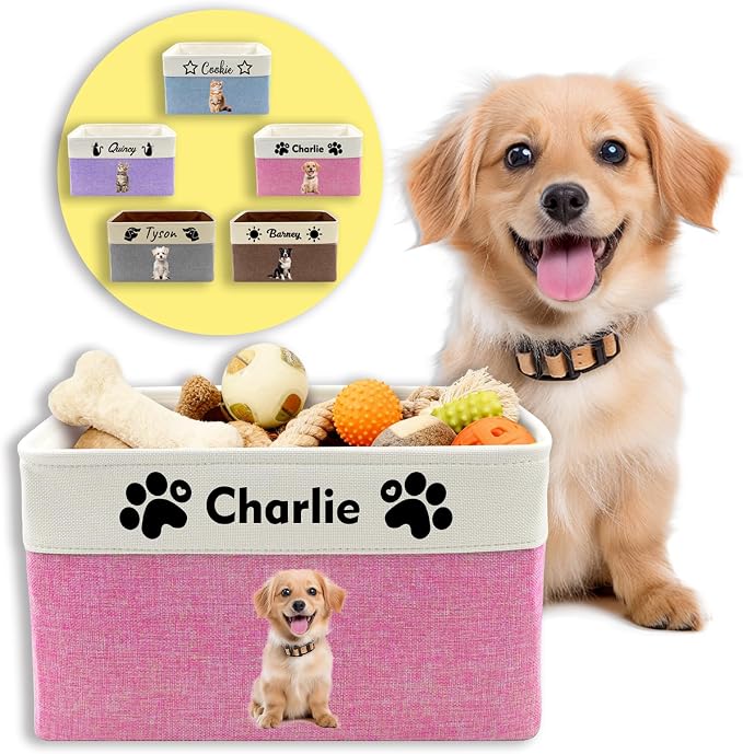 Personalized Dog Toy Storage Basket with Photo Name | Custom Dog Food Organizer Fabric Bins for Clothes Blankets Dolls-Pink