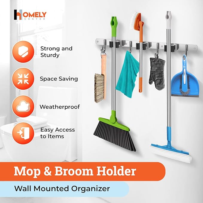 Homely Center Mop and Broom Holder Wall Mount – Heavy-Duty Closet Organizer for Garage, Kitchen, Laundry Organization – Tool Hanger with 3 racks and 4 hooks