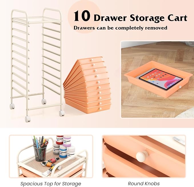 10 Drawer Rolling Storage Cart, Organization Cart on Drawers for Craft Makeup Paper Tool Art Supply, Versatile Utility Cart on Wheels for Home Office Classroom School (Peach)