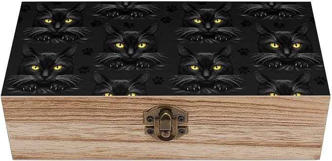 Wooden Keepsake Storage Box Memory Boxes with Hinged Lid, Black Cat Gothic | Small Jewelry Craft Organizer Case, Decorative Wood Gift Box, Wedding Party Holiday Supplies, 9.2x5.5x3.9 Inch