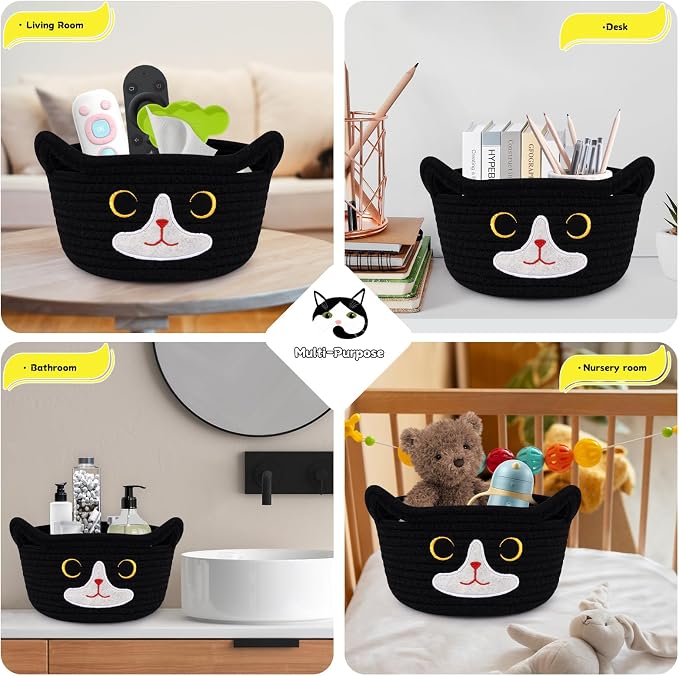 Cat Basket for Nursery, Small Storage Basket,Black Woven Rope Cotton Basket | Baby Blanket Bin with Cat Ears Handles, Animal Blanket Towel Halloween Decor Storage Bins, 8.2" x 4.7" IN