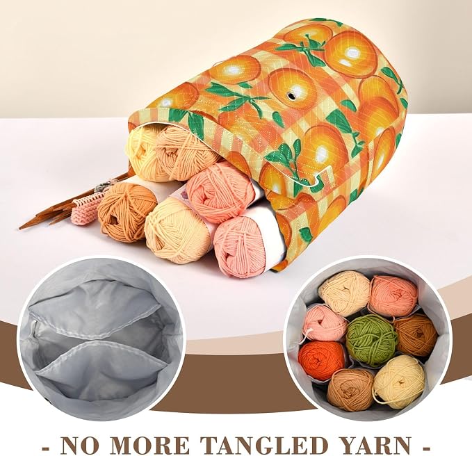 Tatenale Crochet Bag Yarn Bag Knitting Project Bag with Pockets and Handle Portable Yarn Storage Organizer Tangle Free 8.3x11 InchCartoon Orange Plaid37