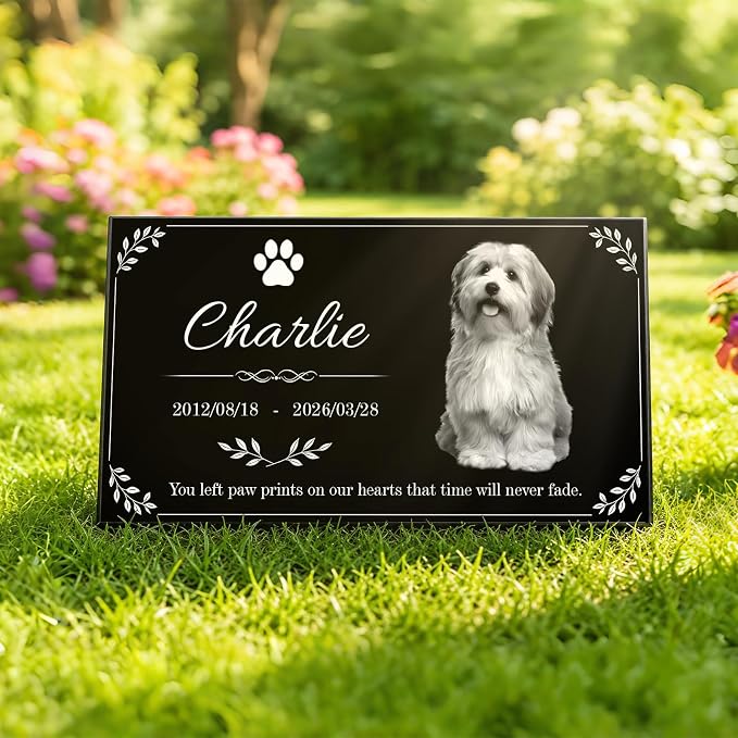 Personalized Pet Memorial Stone, Custom Granite Pet Grave Marker | for Dogs & Cats , Engraved Memorial Plaque with Photo Name Dates & Message, Indoor Outdoor Garden or Tabletop Display