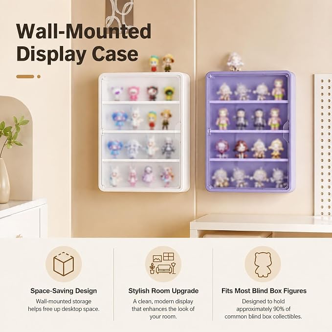 Wall-Mounted Display Case for Blind Box Figures, Clear Magnetic Door Collectible Storage Cabinet, No-Drill Figure Organizer with Shelves, Small or Large, White, Yellow or Purple(White,Small)