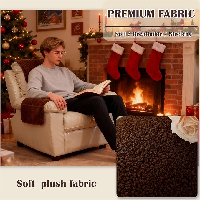 Sherpa Fleece Armrest and Headrest Covers with 2 Pockets | Soft fleece with nonslip silicone backing helps protect leather and fabric furniture from pet scratches machine washable