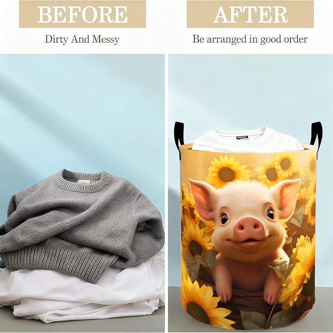Cute Pig Face Laundry Basket Hamper for Boys Girls Kids Adults, Foldable Waterproof Oxford Clothes Storage Bin, Farm Animal Organizer for Bedroom Bathroom Room Decor 19.7"x15.8"