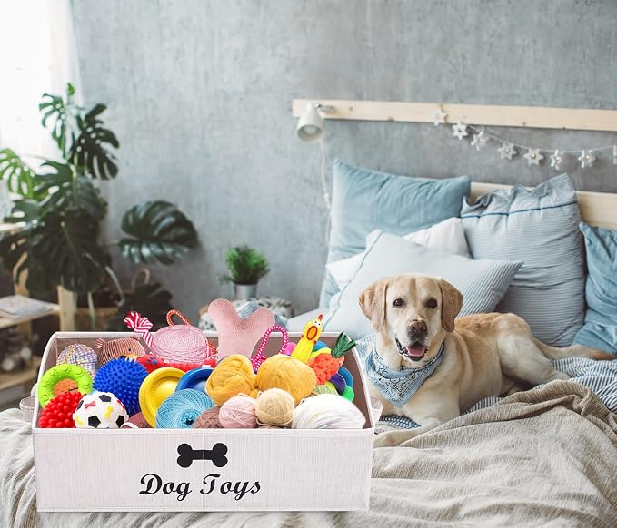 Linen-Cotton Blend Dog Toy Basket,Collapsible Dog Toy Box,Dog Toy Bin Storage-Perfect for Organizing Pet Toys,Blankets,Leashes,Rope Toys,Clothing - Beige