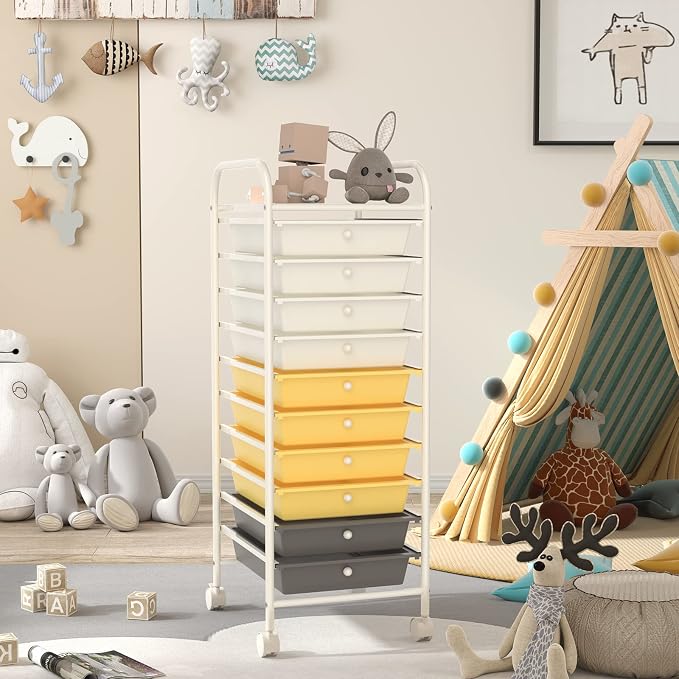 10 Drawer Rolling Storage Cart, Organization Cart with Drawers for Craft Makeup Paper Tool Art Supply, Versatile Utility Cart on Wheels for Home Office Classroom School (Yellow)