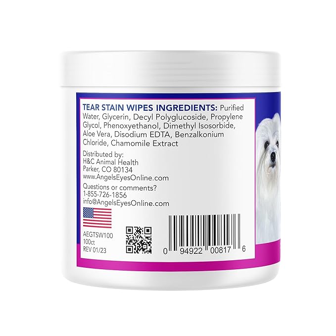 Angel's Eyes Gentle Tear Stain Wipes for Dogs and Cats - 100 Ct - Presoaked Textured (AEGTSW100)
