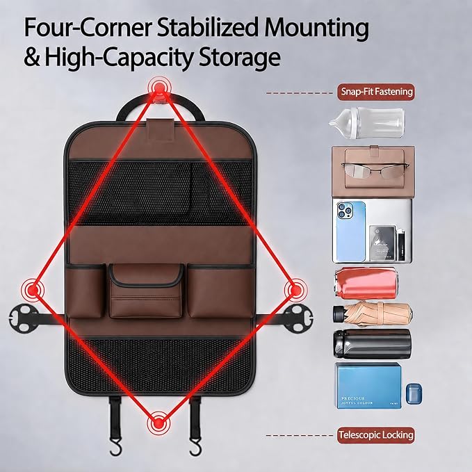 2 Pack Leather Car Backseat Organizer with Foldable Table Tray, Universal Car Seat Back Protector Kick Mat with Touchscreen Tablet Holder, Storage Pockets, Cup Holders & Tissue Holder, Brown