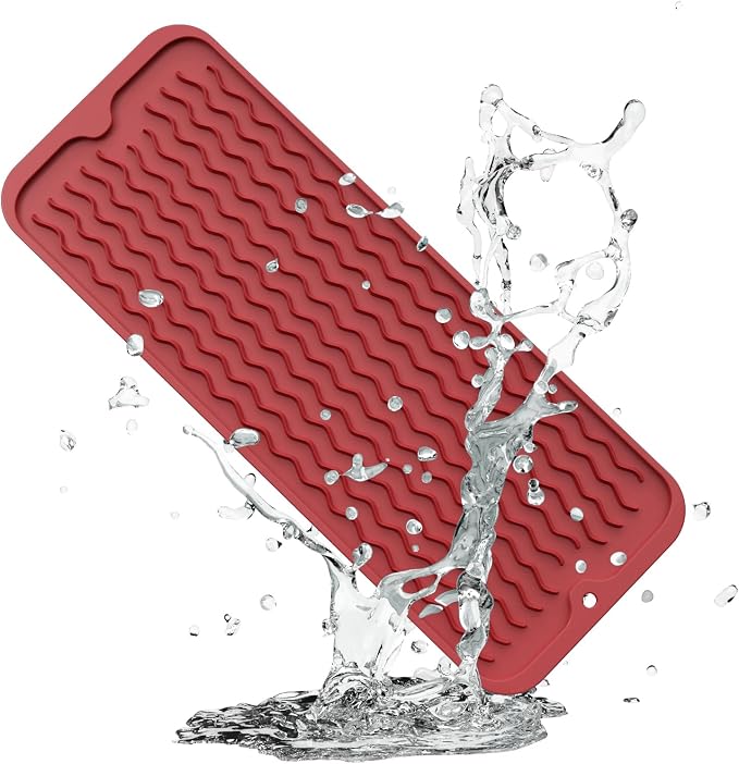 ZLR Small Dish Drying Mat for Kitchen Counter, 6"x17", Lava Red | Narrow Silicone Drainer for Apartment, Dorm & RV, Wavy Ridges Quick-Dry, Non-Slip, Rolls Up, Dishwasher Safe