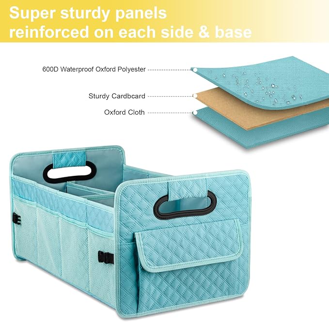 Car Trunk Organizer for SUV, Collapsible Car Storage Organizer Lake Blue | Sturdy, Large Capacity, Diamond Decor, Multi Compartment Container Box Adjustable Car Accessories for Sedan Truck