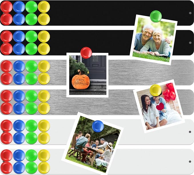 Outus 6 Pcs Magnetic Wall Strips 15" x 2", 48 Magnets, Silver, Black, White | Metal display strips for notes, photos and memos; ideal for office, home, classroom and workspace.