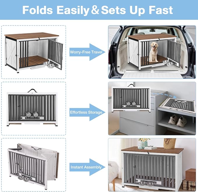 Large Dog Crate Furniture with Bowl for Travel Foldable Dog Crate with Chew-Proof Design Pull-Out Tray Carrying Puppy Cage Crates for Dogs Indoor (White)
