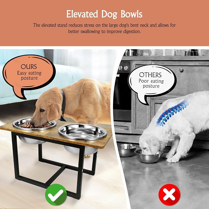 Elevated Dog Bowls for Large Dogs, Raised Dog Bowl Stand with Two X-Large Stainless Steel Bowls for Dogs, 3.5L Capacity, Rustic Brown