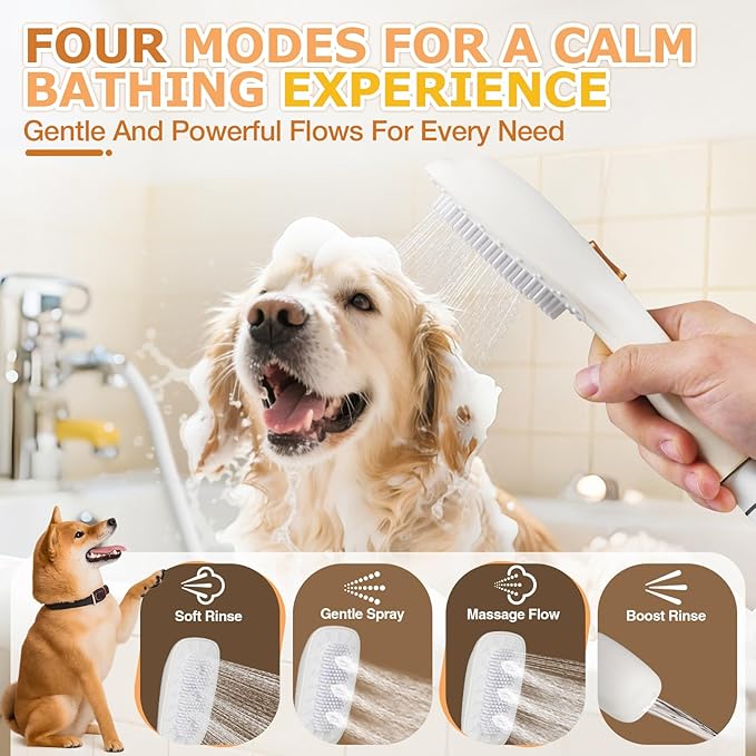 Jamini Dog Shower Attachment, Handheld High-Pressure Sprayer with Brush for Fast and Easy Indoor/Outdoor Dog Bathing, 4 Modes, 8.2ft Hose, G1/2" Brass Shower Diverter