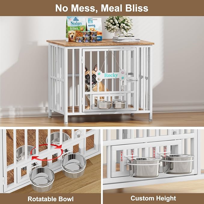 Easycom 31" Dog Crate Furniture Foldable, No Assembly Decorative Dog Kennel Indoor, Dog Crates for Medium Dogs(20-35 lb), Wooden Dog Cage with Adjustable Bowls and Name Tag, End Table, White & Beech