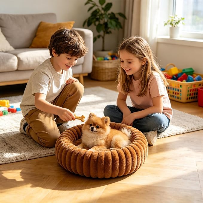 Round Dog Bed Raised Edge Soft Warm Plush Sleeping Mattress | Dog Donut Bed for Puppy Senior Kitten Indoor Outdoor Floor Bedside Kennel Couch Travel Car Home
