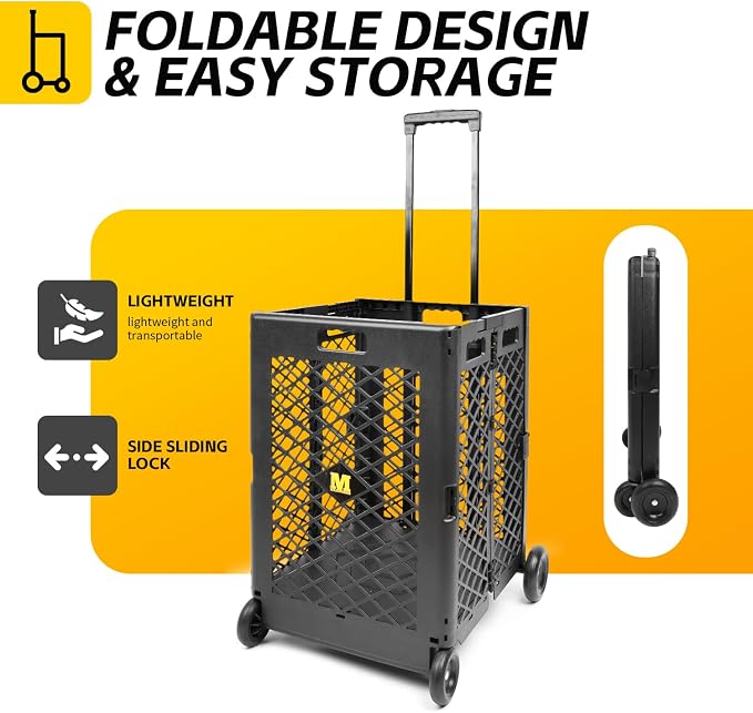 MaxWorks Foldable Rolling Utility Cart, Collapsible Hand Dolly with Telescoping Handle, 70 lbs Capacity, Lightweight Plastic Storage Crate, 16.5" x 15" x 39", No Assembly Needed
