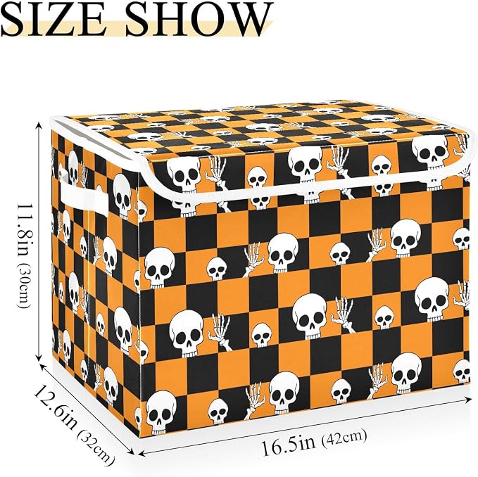 Halloween Skull Storage Bins with Lids Closet Bedroom 40L Fabric Bin | Decorative Storage Boxes, Foldable & Stackable, Dust-Proof Flip Top, Reinforced Handles, For Home & Dorm, Clothes & Toy Box