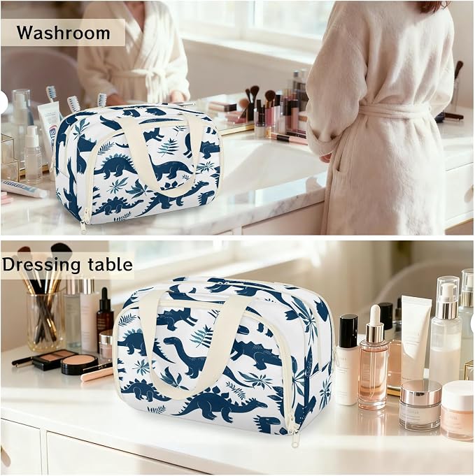 Cute Dinosaur Silhouette Travel Toiletry Bag with Handle | Wet & Dry Separation, Full-Size Bottle Friendly, Leak-Proof, Waterproof, Easy to Clean, for Travel, Gym, Home