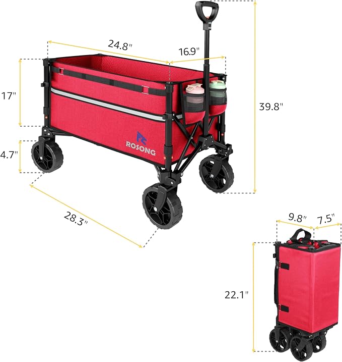 ROSONG Collapsible Wagon Cart with Wheels Foldable - Folding Utility Heavy Duty Wagons Carts for Grocery Sports Garden Shopping Camping Wheelbarrows, Burgundy