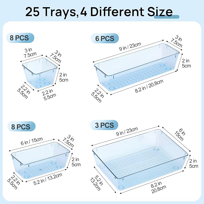 Vtopmart 25 Pack Plastic Drawer Organizers with Non-slip Rubber Pads | 4-Size Versatile Makeup Organizer, Storage Containers Small Bins for Makeup, Jewelries, Bedroom, Kitchen Utensils and Office