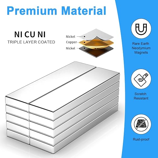 10 Pack 40x10x3 mm Rare Earth Neodymium Magnets | Powerful Small Strong Metal Rectangular Bar Magnetic Strip Magnet for Fridge Garage Kitchen Science Craft Office, Silver