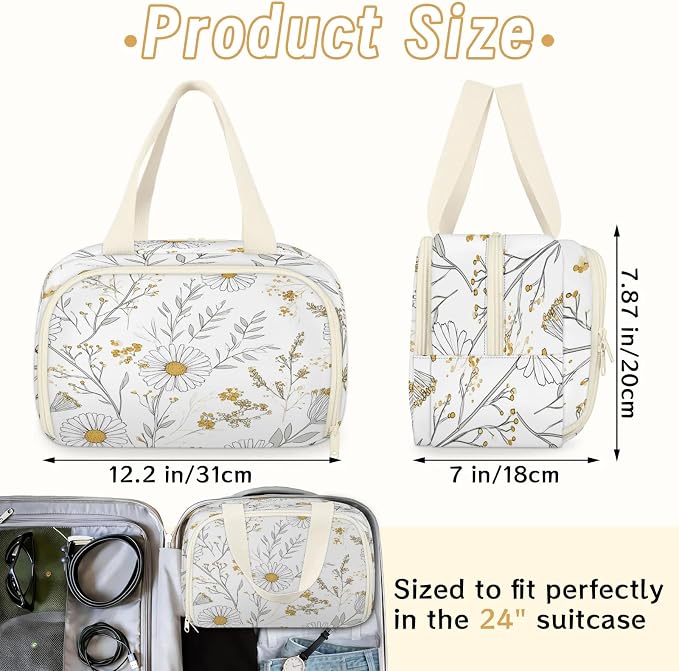 White Daisy Flower Travel Toiletry Bag for Women | Farmhouse Vintage Lightweight Waterproof Makeup Cosmetic Bag Large Tote Organizer for Traveling, Toiletries, Accessories