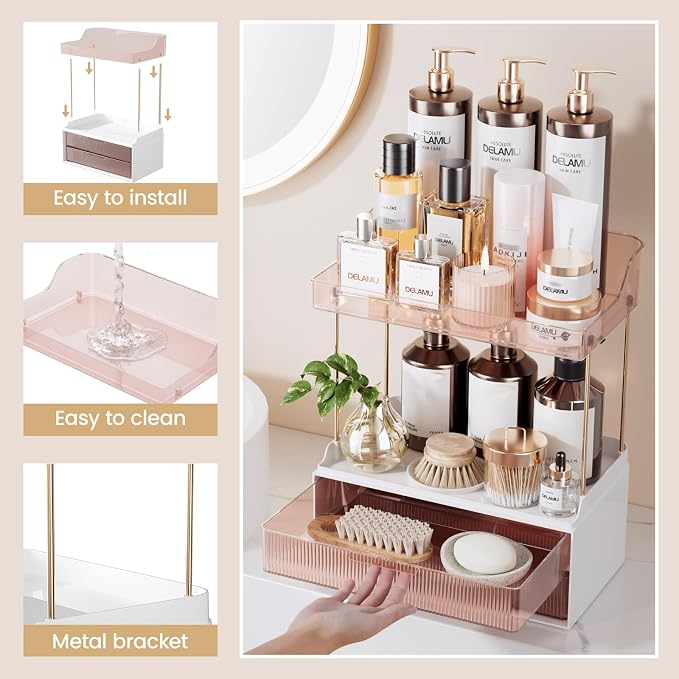 Delamu 4-Tier Makeup Organizer, Bathroom Counter, 2 Drawers, Grapefruit | Elegant Vanity Organizer Gift for Women, Holds Perfume, Skincare, Nail Polish & Hair Accessories for Bathroom Countertop