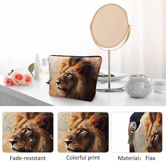 Makeup Bag Lion Makeup Bags For Purse Pouch, Wildlife Forest King Lion Travel Toiletry Bag Cosmetic Bag Makeup Bags Flax Makeup Organizer Bag Pencil Pouch For Man Woman, Brown