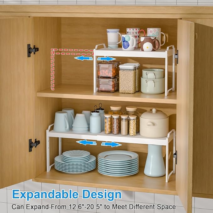 Set of 2 Expandable Kitchen Cabinet Shelves Organizers, Stackable Adjustable Small Storage Shelf Rack Stand For Pantry Cabinet Cupboard Kitchen Counter Organization, 22 lbs Capacity, Length:20.5"