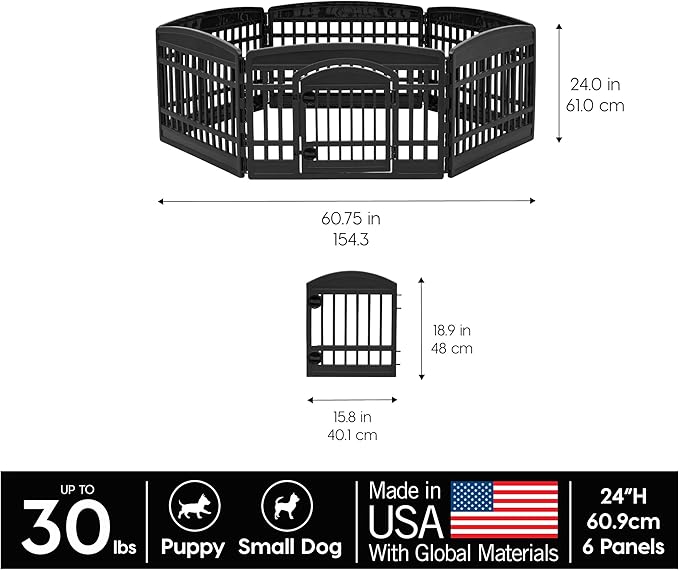 IRIS USA 6-Panel Dog Playpen, Pet Enclosure, Black | Pet Containment, Custom Pen Configuration, Multi-Shape Setup, Flexible Boundary, Tool-Free Assembly, Secure Door Latch
