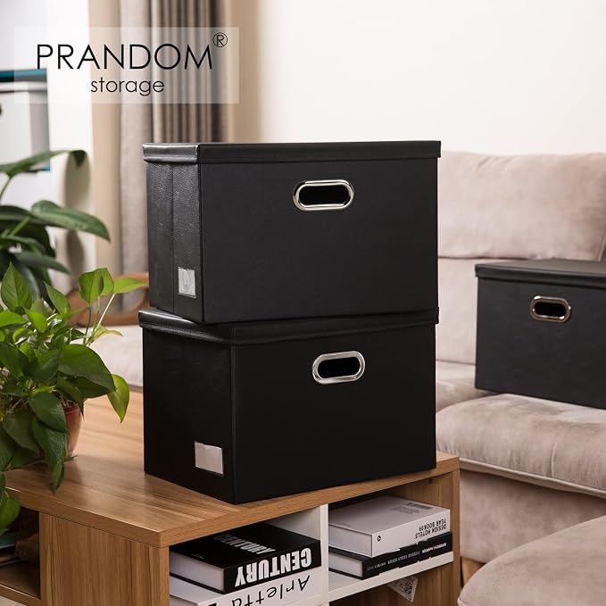 Large Stackable Storage Boxes with Lids [5-Pack] Leather Fabric Foldable Storage Bins Organizer Containers Baskets Cubes with Cover for Bedroom Closet Office Nursery Black(17.7x11.8x11.8)