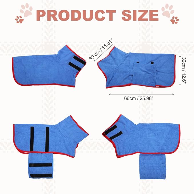 Dog Drying Coat, Dog Robes for After Bath Bathrobe Super Absorbent Towel Soft Adjustable, (M, Blue), Intended for Fast Drying Warm Keeping Pet Cats Kitten Puppies