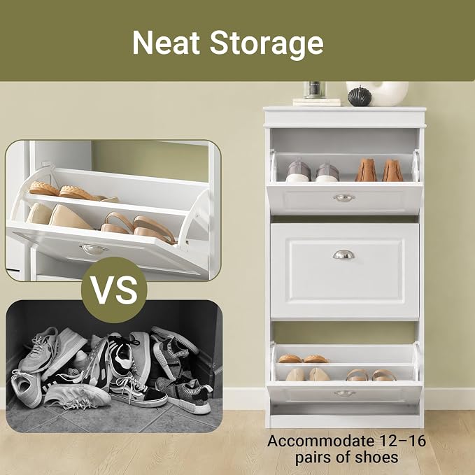 Haotian Narrow Shoe Cabinet, Slim Shoe Rack Entryway, Hidden Shoe Storage Organizer with 3 Flip Drawer for Hallway White FSR94-W
