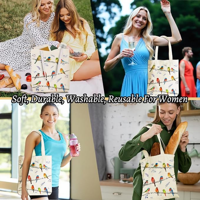 Aesthetic Cute Bird Gifts for Women Bird Lovers Girls Sister Mom Makeup Bag Canvas Tote Bag, Reusable Grocery Bags with Inner Pocket for Beach Gym Work Office Shopping Birthday Christmas Vacation