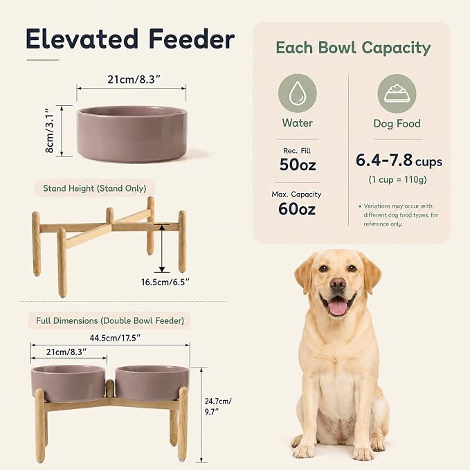 Havniva Ceramic Dog Bowls Elevated, Raised Dog Food Bowl for Large Dogs | 8.3” Elevated Dog Bowls, Non-Slip Wood Stand, Dog Food and Water Bowl Set, Dog Feeding Dish, Large Capacity Pet Water Bowl