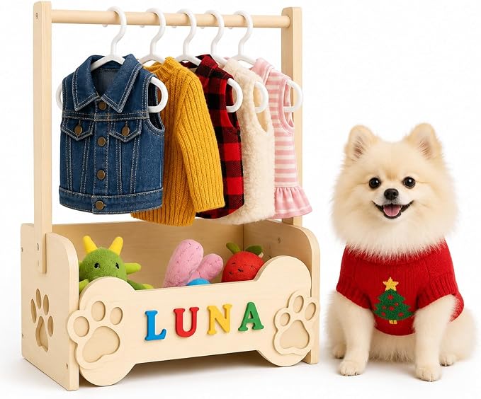 Dog Closet for Small Dogs, Wooden Clothes Rack with 10 Hangers & Toy Bin | Pulchrum personalized DIY name plate, pet apparel organizer for Chihuahua, Yorkie & Pomeranian, pet-parent gift, puppy stand