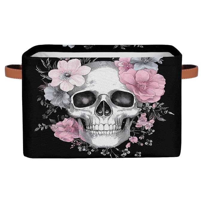 SEULIFE Floral Sugar Skull Flower Halloween Foldable Storage Basket, Large Collapsible Organizer Storage Bin Cube Toys Storage Boxes with Handles for Bathroom Kids Nursery Closet Storage, 1 Pack