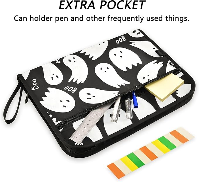 Cute Halloween Ghosts Pattern Expanding File Folder with Sticky Labels, 13 Pockets Accordion File Folder Document Organizer Expandable Zip File Folder with Zipper Closure