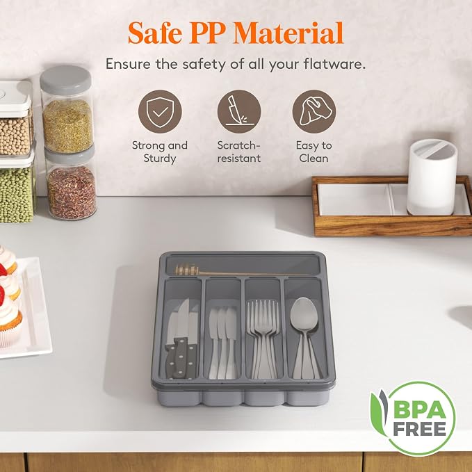 Lifewit Silverware Organizer with Lid, Covered Utensil Tray, 9.5x12.7 | Plastic Cutlery Storage Box for Kitchen Drawer and Countertop, Flatware Case Holder for Spoons Forks Knives, Gray