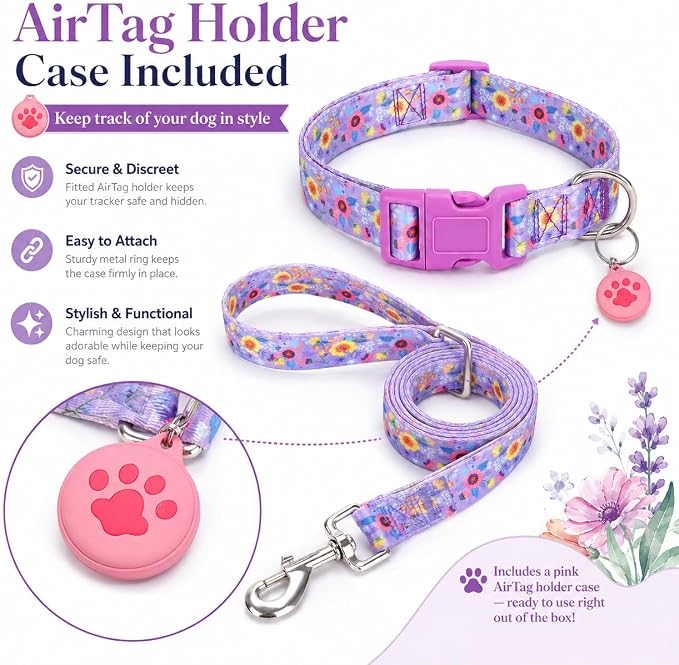 Floral Matching Dog Collar and Leash Set with AirTag Holder-Purple Daisy/XS | Anti-Lost,Adjustable Durable Pet Collar Leash Combo for Puppy X-Small Boy Girl Dogs,Outdoor Walking Hiking Training Running