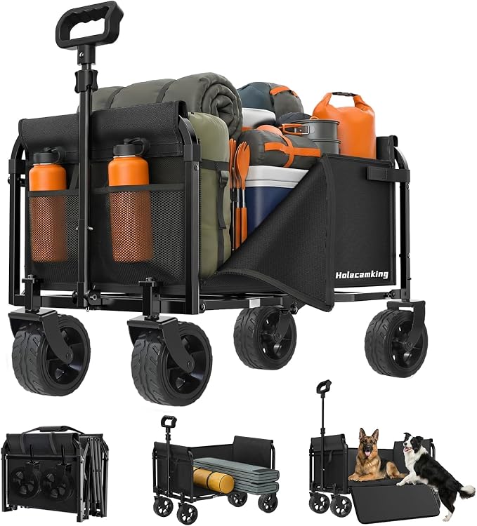 Portable Collapsible Wagon Cart, Foldable Cart with Removable Side, Utility Groceries Wagon for Dogs Pets Camping Beach Shopping Sports Gardeing Fishing, Dark Black