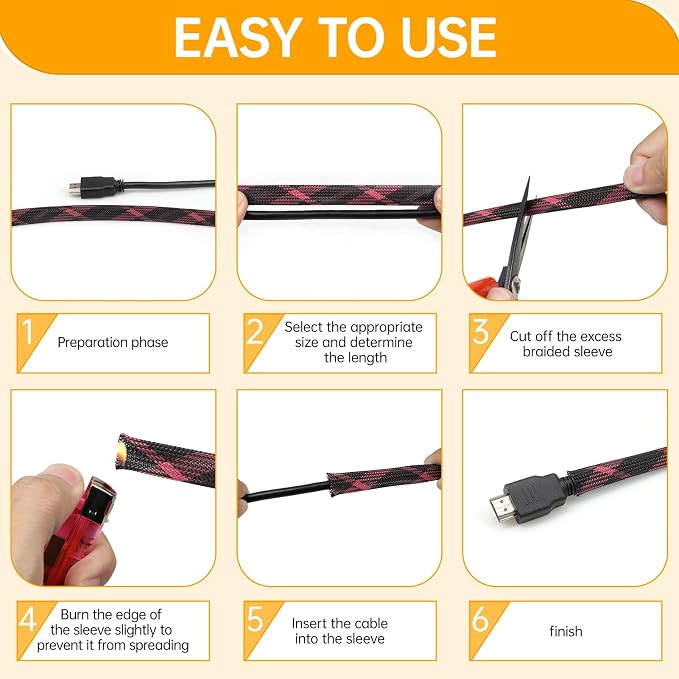 Braided Cable Sleeve, 33ft Expandable Wire Loom for Automotive Wiring Harness & PC Case, Pet-Proof Chew Resistant Cord Protector, Flexible Cable Management (Black-Pink, 6mm (1/4"))